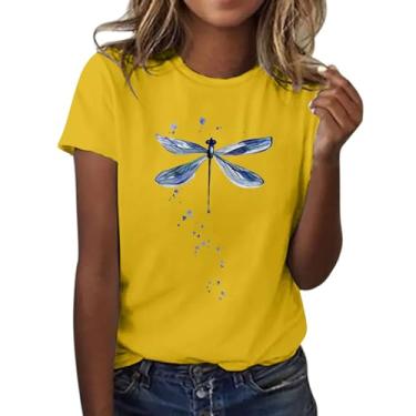 Imagem de Camiseta feminina com estampa de libélula, gola redonda, manga curta, túnica folgada, casual, Zz1-amarelo, P