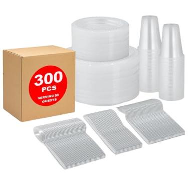 Imagem de Framo Conjunto de utensílios de mesa transparentes descartáveis de 300 peças para 50 convidados – Conjunto de louça de plástico para micro-ondas com 50 pratos de 23 cm, 50 pratos de sobremesa de 15 cm, 50 copos de 255 g, 50 colheres, 50 garfos, 50 facas