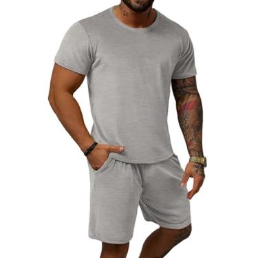 Imagem de Uni Clau Conjunto masculino de 2 peças, camisetas e shorts de manga curta de verão, conjunto esportivo casual atlético, Cinza, GG