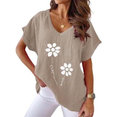 Imagem de ONLYSTORY Camisetas femininas de linho de algodão casual verão manga curta extragrande gola V blusas soltas, Flor G-K, GG