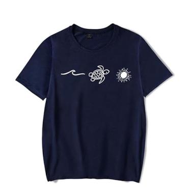Imagem de Lindas camisetas femininas com estampa de sol de tartaruga adorável manga curta casual gola redonda camisetas femininas criativas, Preto, 3G