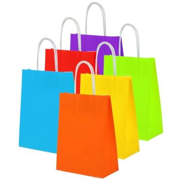 Imagem de 24 peças de sacos de presente de festa de papel kraft com alça, sacos de presente azuis tamanho pequeno para Natal, aniversário, casamento e celebrações de festa (colorido)