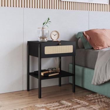 Imagem de Mesa de Cabeceira 1 Gaveta Palhinha Pé Madeira Oslo Artesano Nero/Preto