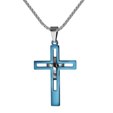 Imagem de Colar de aço inoxidável masculino e feminino com pingente de cruz vazada azul com zircônia cúbica, corrente de 56 cm, Aço inoxidável, Zircônia cúbica