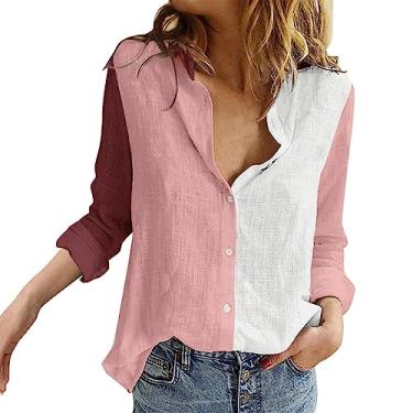 Imagem de Camisetas femininas de linho com botões, gola V, patchwork, manga enrolada, blusas com colarinho para meninas adolescentes, rosa, P