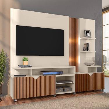 Imagem de Estante Home Cross Off White/Tauari Ripado para TVs até 55 Polegadas 4 Portas, Luzes LED embutidos, Prateleiras e Rodízios Lukaliam