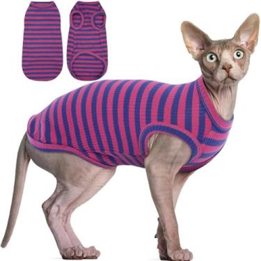 Imagem de BRKURLEG Camiseta Sphynx para gatos sem pelos, roupas para filhotes, camisetas de algodão macio, pijamas de gatos fofos, colete listrado, roupas para animais de estimação, colete de gola redonda,