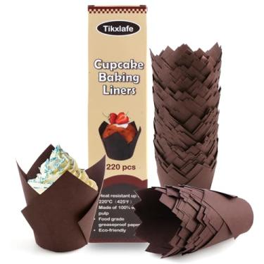 Imagem de 220 peças de forros de cupcake de tulipa para copos de cozimento, embalagens de cupcake à prova de gordura em tamanho padrão, forros de muffin de tulipa de papel manteiga, marrom