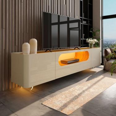 Imagem de Rack para TV Até 85 Polegadas Nobre 2 Portas 1 Gaveta 100% Mdf com Led  e Pés de Vidro Off White/Naturale - Gelius