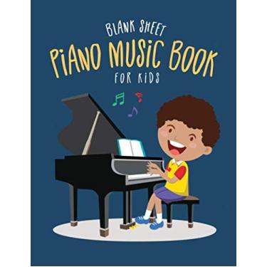 Imagem de Piano Music Notebook for Boys: Blank music sheet with large piano staff for kids, cute boy playing piano on a blue background on the cover.