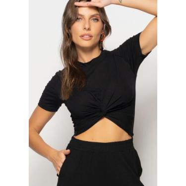 Imagem de Cropped Manga Curta Com Detalhe Nó Malha Preto Salvatore Fashion, Pret