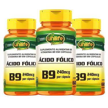 Imagem de Kit C/3 Ácido Fólico Vitamina B9 240mcg 60 Cápsulas Unilife