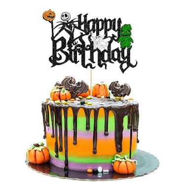 Imagem de Gyufise 1Pc Halloween Happy Birthday Cake Topper Glitter Jack and Sally Pumpkin Bat Castle Ghost Halloween Cake Pick for Halloween Theme Baby Shower Kids Birthday Party Cake Decorations Supplies