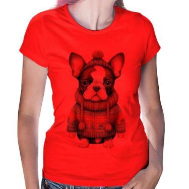 Imagem de Baby Look Cachorro Bulldog Francês Natalino - Foca na Moda, Vermelho, 