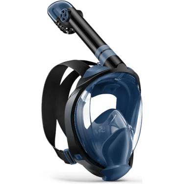 Imagem de Máscara de snorkel Zenoplige com rosto inteiro e máscara de mergulho, sistema inovador de respiração de segurança 2020, 180 máscaras de natação antivazamento antiembaçante dobráveis panorâmicas com suporte de câmera destacável para crianças adultas., Dark blue, Large