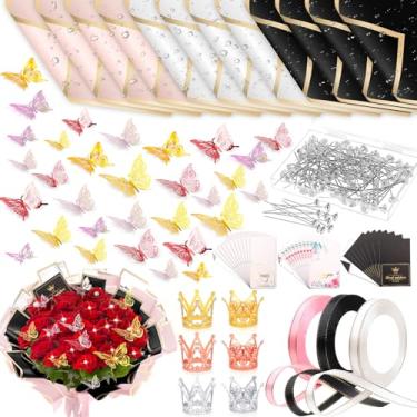 Imagem de Tetutor 241 peças de papel de embrulho de flores à prova d'água, folhas de papel de embrulho para buquês, buquê de papel de embrulho floral com fitas, alfinetes de flores, borboletas 3D e coroas para