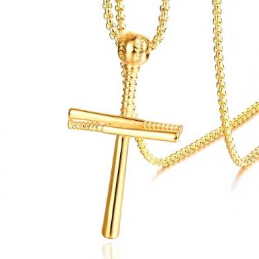 Imagem de AB Max Colar de cruz para homens e mulheres - design de tacos de beisebol de aço inoxidável com corrente de 61 cm N09_GD60, 20 inches, Aço inoxidável, Sem Pedra Preciosa