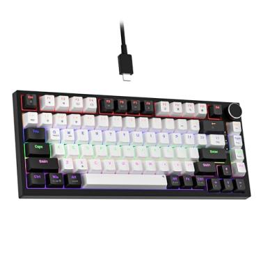 Imagem de Newmen GM326 Teclado mecânico com fio, 75% mini teclado mecânico para jogos alternável a quente com botão, teclado compacto anti-fantasma de 82 teclas para PC Win Mac, interruptor preto/branco