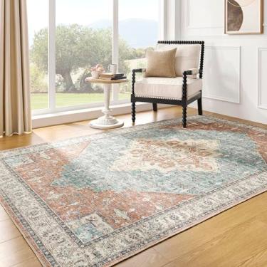 Imagem de BILEEHOME Tapete Boêmio 12 x 17 cm, Área, Lavável à Máquina, Trançado Moderno, Meados do Século, Cores Brilhantes, Dinâmicas, Coloridas, Vintage, Terracota, Ferrugem, Laranja Queimado e Azul Turquesa