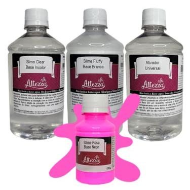 Imagem de Kit Ativador Slime Universal 500ml + Cola Slime Fluffy 500g + Cola Slime Transparente Clear 500g - Altezza - Kit DIY para Slimes Criativos (Kit + Neon Rosa 100g)