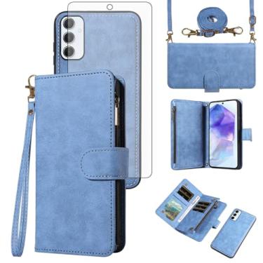 Imagem de Asuwish Capa de celular para Samsung Galaxy A55 5G carteira com zíper destacável com protetor de tela de vidro temperado alça transversal alça flip porta-cartão A 55 55A A555G mulheres homens meninas