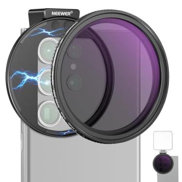 Imagem de NEEWER Kit de filtro de lente de telefone ND2-ND32 com clipe variável de 67 mm, clipe de telefone com anel adaptador magnético/sapata fria/botão de bloqueio, filtro ND magnético HD para iPhone 15 Pro