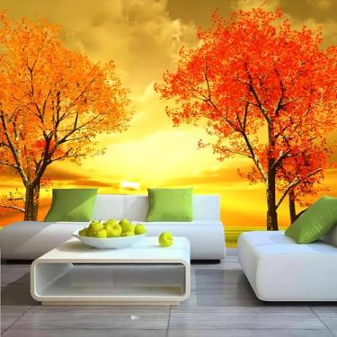 Imagem de Lcythiazole Mural de papel de parede de outono de tamanho personalizável, foto de árvore de bordo dourado sob o sol poente, para sala de estar, quarto e sala de jantar removível