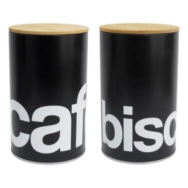 Imagem de Kit 2 Latas de Café e Biscoitos Preta Tampa de Bambu - Herméticas - Ma