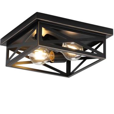 Imagem de DIKAIDA Luminária De Teto Embutida Estilo Fazenda Para Cozinha, Luminária De Teto Industrial Com Acabamento Em Metal Rústico Moderno De 2 Luzes Para Cozinha, Quarto, Corredor E Entrada (Borda Preta