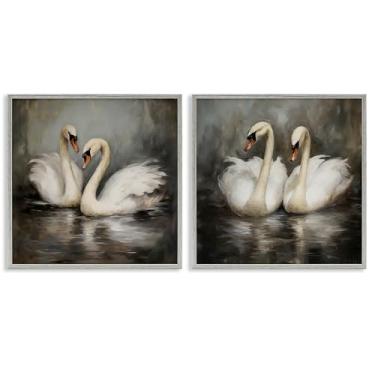 Imagem de Stupell Industries Cisnes gêmeos com reflexos 2 peças cinza emoldurado giclée conjunto de arte de parede por Novae, 12 x 12