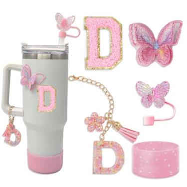 Imagem de Conjunto de acessórios Stanley Cup para Tumbler Stanley, incluindo capa de canudo de borboleta de 10 mm, pingentes de letras de copo, bota de silicone brilhante, adesivo de letras e adesivo bordado de