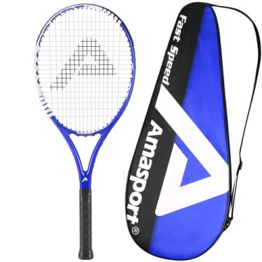 Imagem de AMA SPORT Raquete de tênis adulto de velocidade rápida – Raquete de tênis pré-amarrada com equilíbrio leve de 68,5 cm para mulheres e homens, tamanho de aderência de 68,5 cm (azul)