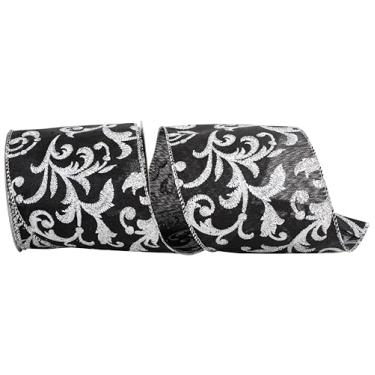 Imagem de Reliant Ribbon Fita de borda com fio de cetim iridescente de filigrana com glitter, preta