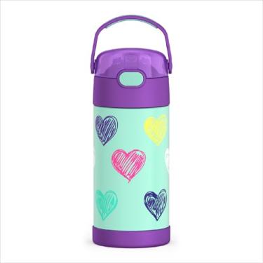 Imagem de THERMOS FUNTAINER Garrafa de água com canudo - 340 g - Garrafa de água infantil isolada a vácuo de aço inoxidável com tampa, corações