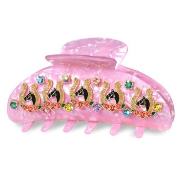 Imagem de PHALIN Grampos de cabelo Kentucky Derby para mulheres, ferradura de cavalo, rosa, presilhas de cabelo grandes e ovais de acetato de cristal, clipes de cabelo Kentucky Derby, acessórios para presentes