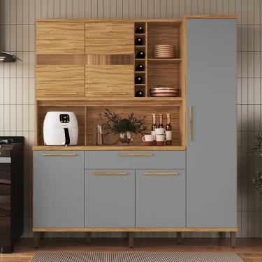Imagem de Cozinha Compacta 178cm com 6 Portas 1 Gaveta e Mini Adega 100% Mdf Suécia Espresso Móveis Amêndoa/Cinza