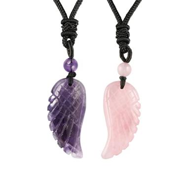 Imagem de TUMBEELLUWA Colares de ametista natural e cristal de quartzo rosa, conjunto de amuleto com 2 peças de pingentes de pedra esculpida com cordão ajustável para homens e mulheres, Ametista e pedra de