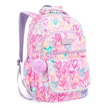 Imagem de Mochila Love Just Escolar Estampa Coração Pompom Passeio 20l - DENLEX