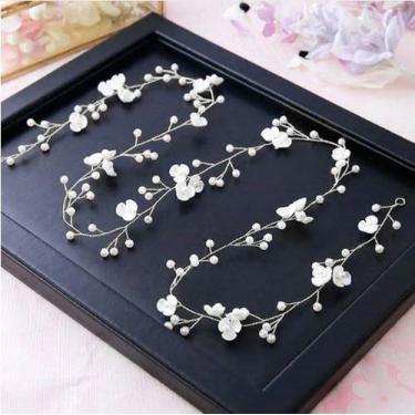 Imagem de Tiara Arranjo Cabelo Noiva Pérola Fio de metal com Flor branca - DeCas