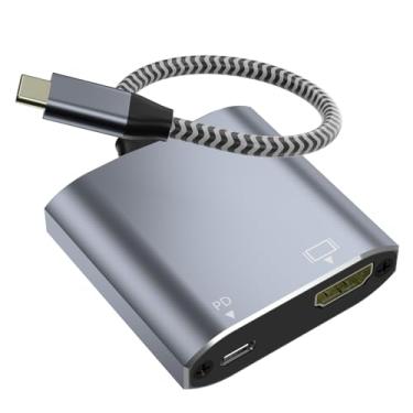 Imagem de Adaptador USB C para HDMI 2 em 1, adaptador Thunderbolt 3 para HDMI, hub USB C com carregamento PD, design durável para MacBook, iPad, iPhone, transferência de dados de alta velocidade e entrega de