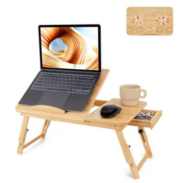 Imagem de Mesa de bambu para laptop, bandeja de cama dobrável ajustável para cama, sofá e chão, mesa de colo portátil com parte superior inclinada e gaveta para escrever, ler, café da manhã, desenhar e