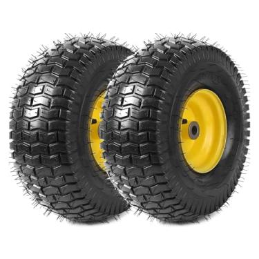 Imagem de Pneus para cortador de grama de 38 x 15 cm com rodas – cubo centralizado de 7,6 cm e bucha de 0,9 cm, pneus sem câmara de 256 kg com capacidade para tratores, carrinhos de jardim, reboques utilitários