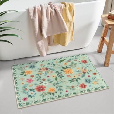 Imagem de Uphome Tapetes de banho para banheiro, tapetes de banheiro florais verdes, tapete de banho macio e antiderrapante boêmio, lavável na máquina, tapetes modernos para pia e chuveiro, banheira, 51 x 81 cm