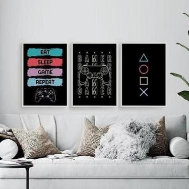 Imagem de Kit Quadros Eat Sleep Game Repeat 45X34Cm 3 Peças - Quadros On-Line