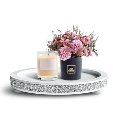Imagem de Bandeja redonda de madeira de 30,5 cm, decoração de diamante acrílico, bandeja decorativa para sala de estar, mesa de centro ou bandeja de serviço de mesa de cozinha, branca