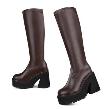 Imagem de AMINUGAL Botas femininas elásticas na altura do joelho plataforma bloco grosso salto alto botas de meia zíper bico redondo moda motocicleta combate punk botas para mulheres, Marrom, 7