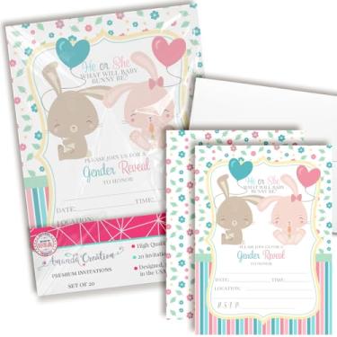 Imagem de Convites para revelação de gênero "He or She Bunny - 20 cartões de chá de bebê 5x7 com envelopes - Tema de coelho em aquarela fofo por AmandaCreation