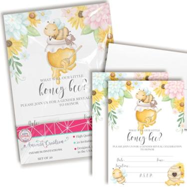 Imagem de Convites de revelação de gênero de abelha de mel - 20 cartões de chá de bebê preenchidos com envelopes - Convites de revelação de gênero com tema de abelha floral fofo por AmandaCreation
