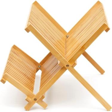 Imagem de Escorredor de Pratos em Bambu Dobrável 100% Natural – 14 Divisórias, 2 Níveis, Resistente à Umidade – Sustentável, Compacto e Funcional