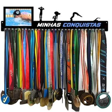 Imagem de Porta Medalha Natação Masculino 62cm com Porta Retrato 10x15cm - QUADR